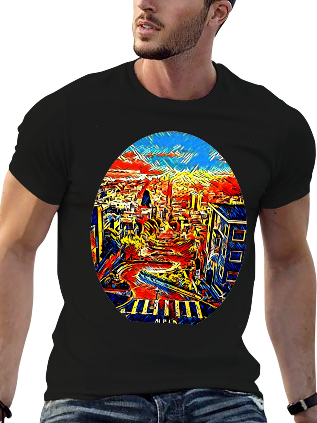 Abstract Cityscape Graphic Tee - Black