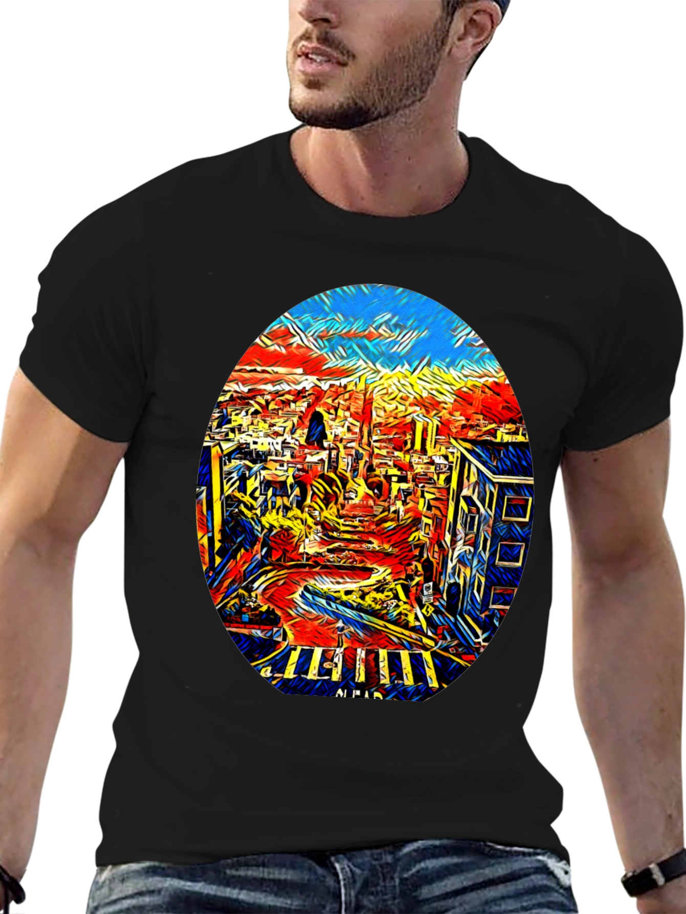 Abstract Cityscape Graphic Tee - Black