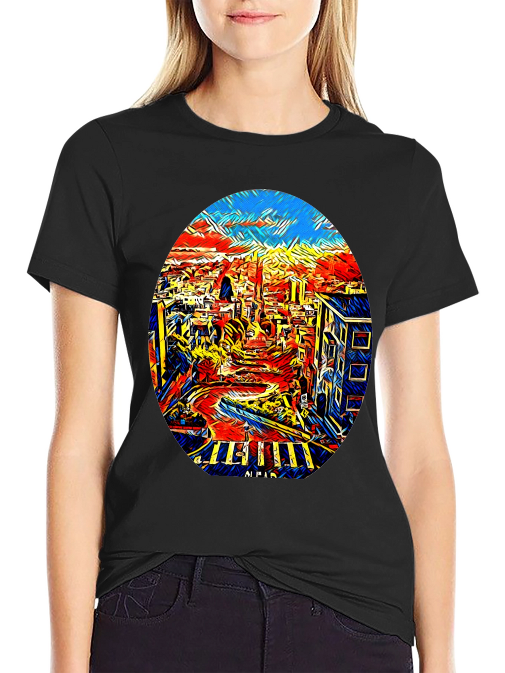 Abstract Cityscape Graphic Tee - Black