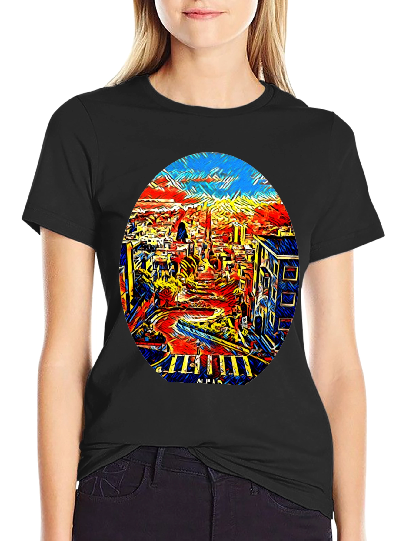 Abstract Cityscape Graphic Tee - Black