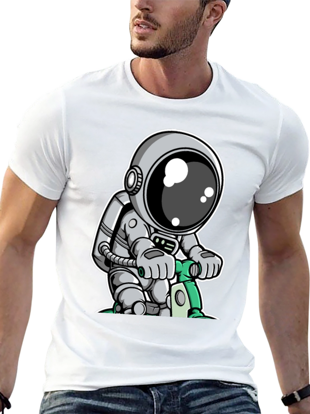Astronaut on Scooter Graphic Tee - Cool Spaceman Design