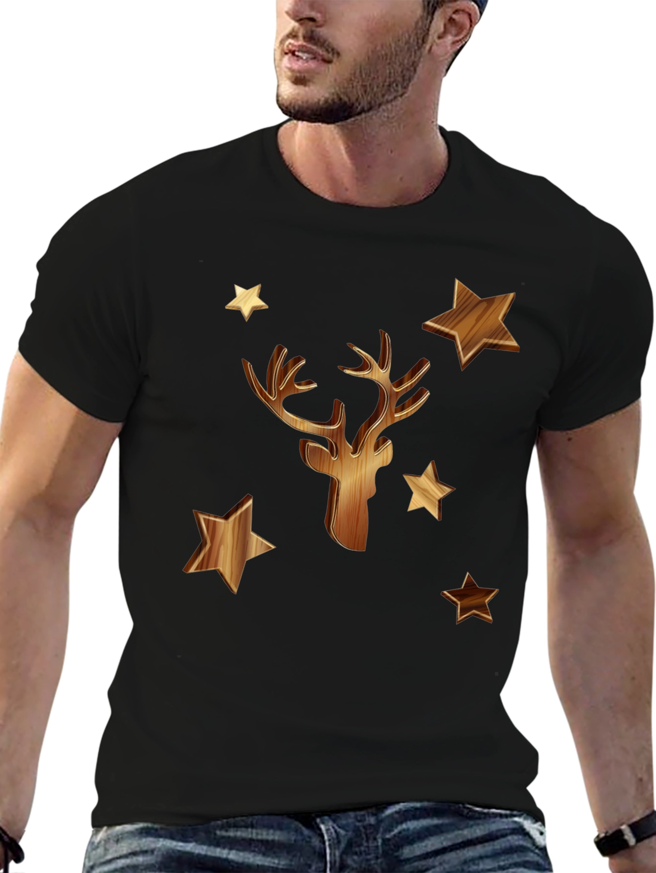 Wooden Deer & Stars Black T-Shirt