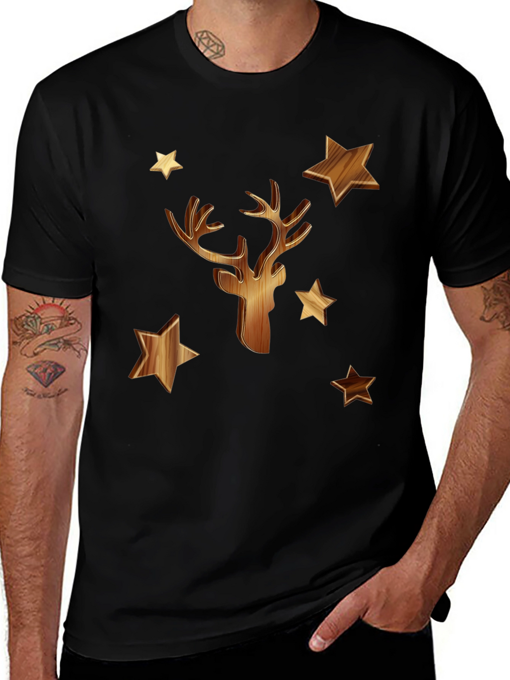 Wooden Deer & Stars Black T-Shirt