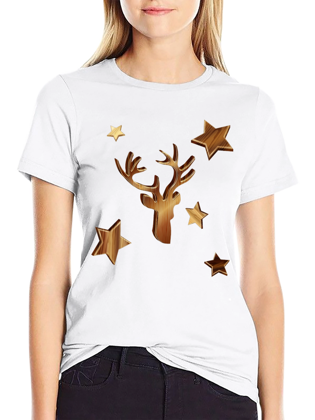 Wooden Deer & Stars Black T-Shirt