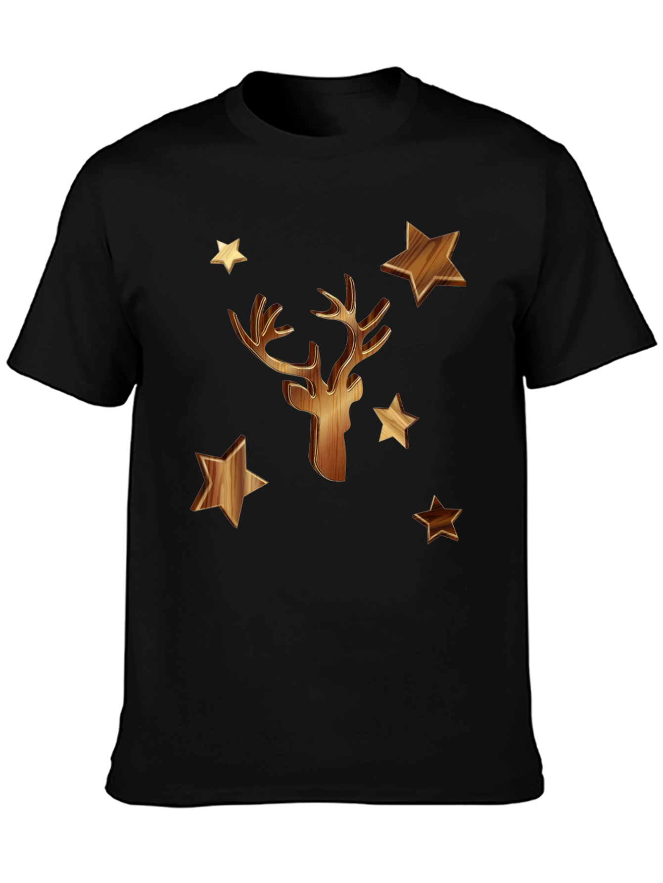 Wooden Deer & Stars Black T-Shirt