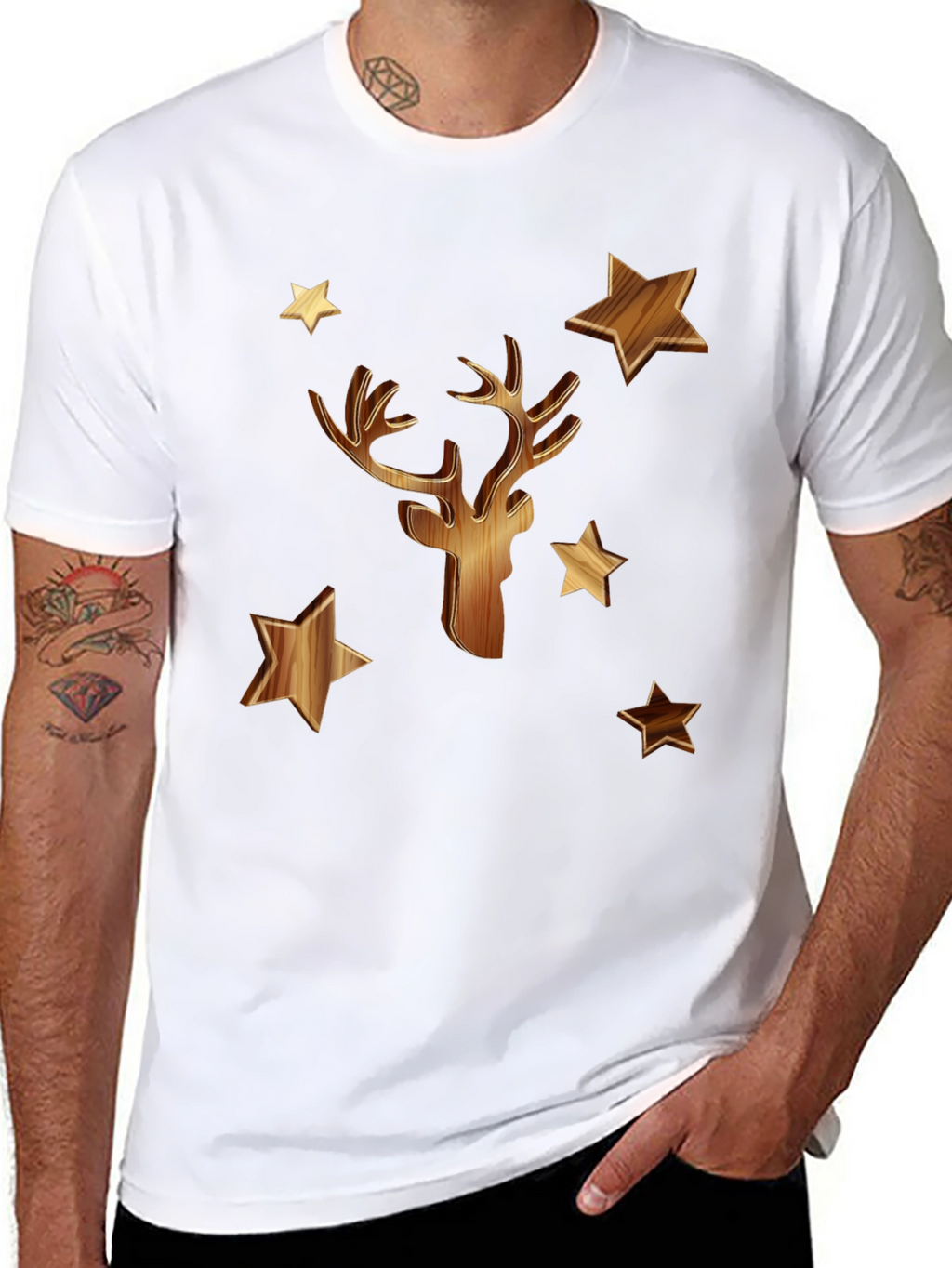 Wooden Deer & Stars Black T-Shirt