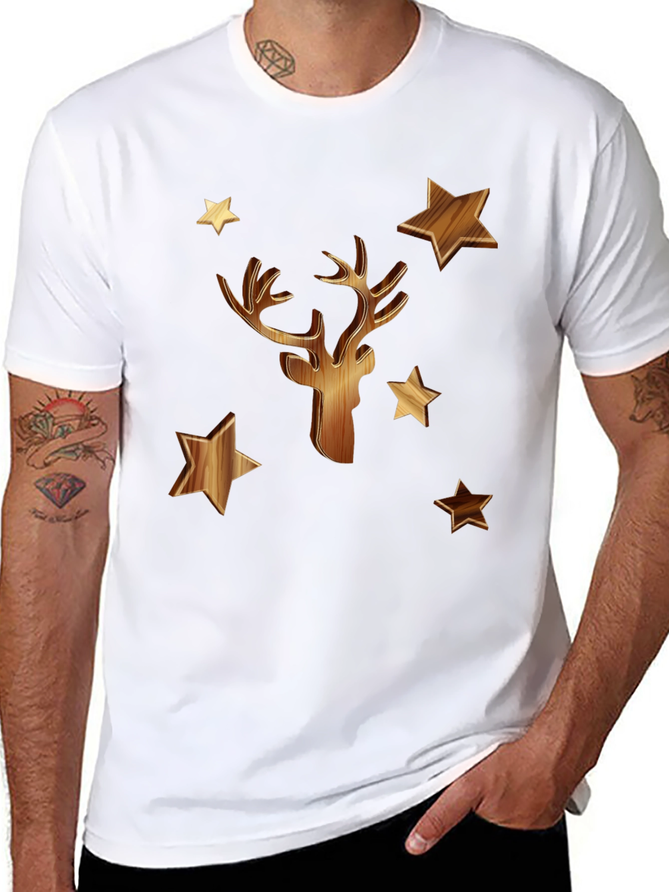 Wooden Deer & Stars Black T-Shirt