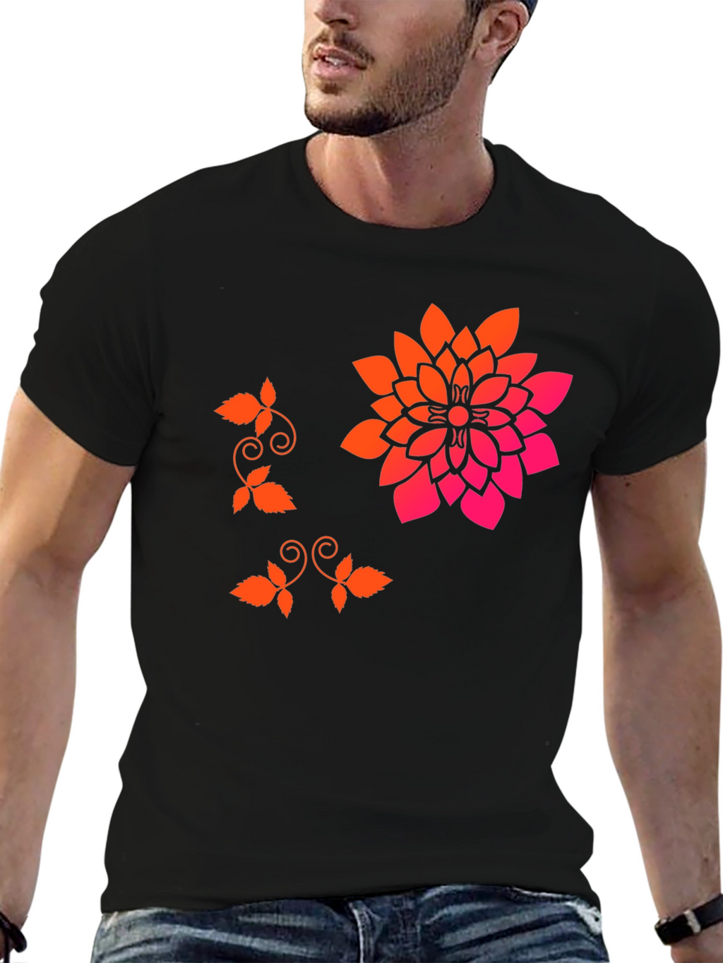 Stylish Black T-Shirt with Floral Accent