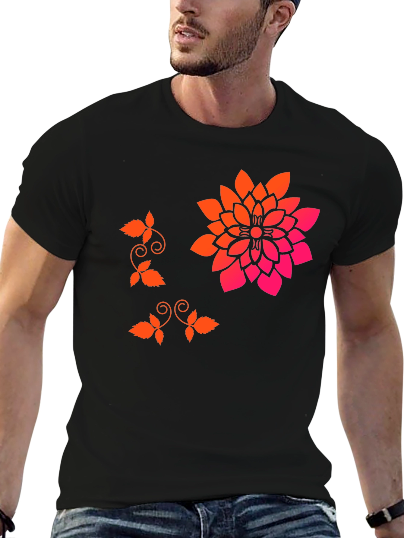Stylish Black T-Shirt with Floral Accent