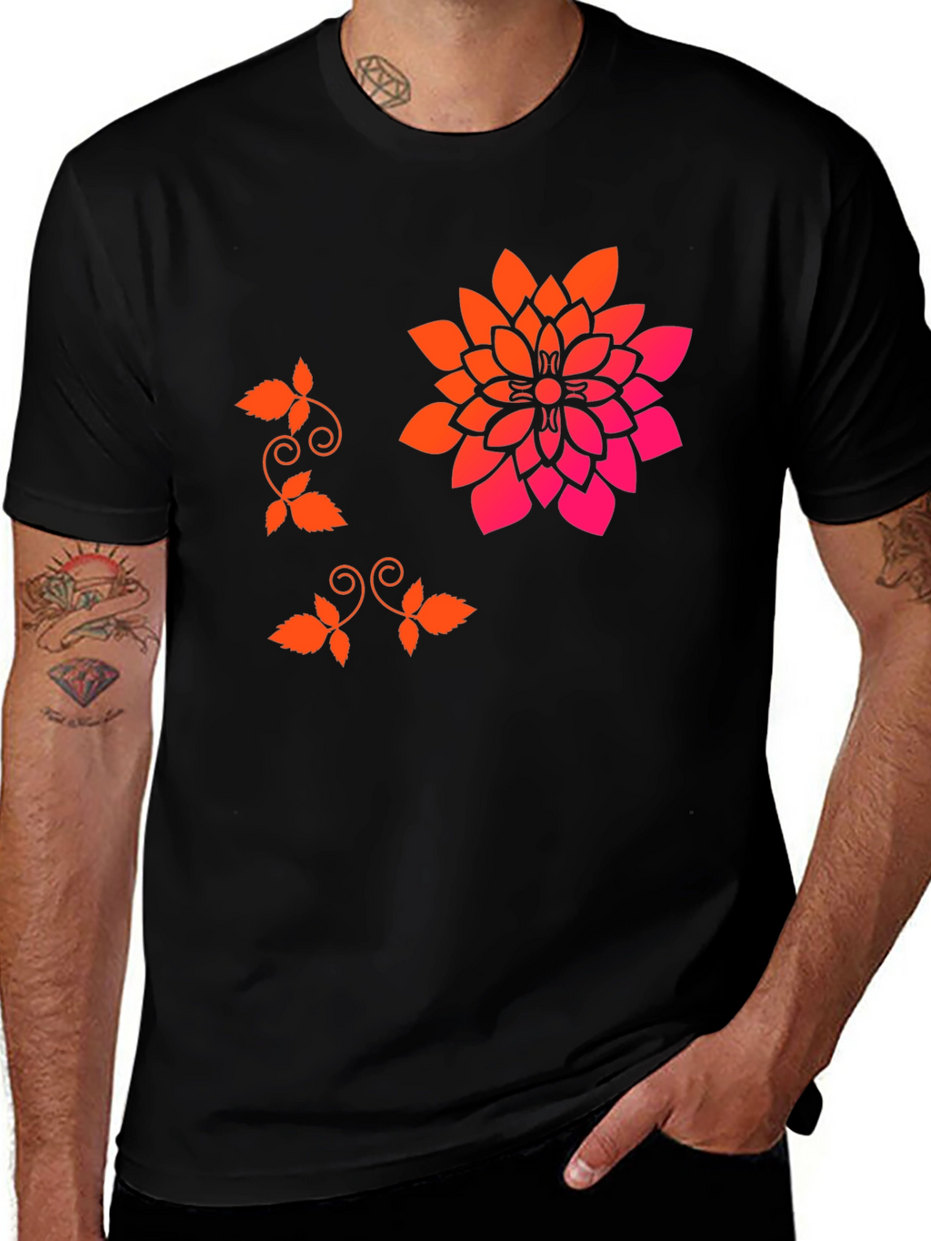 Stylish Black T-Shirt with Floral Accent