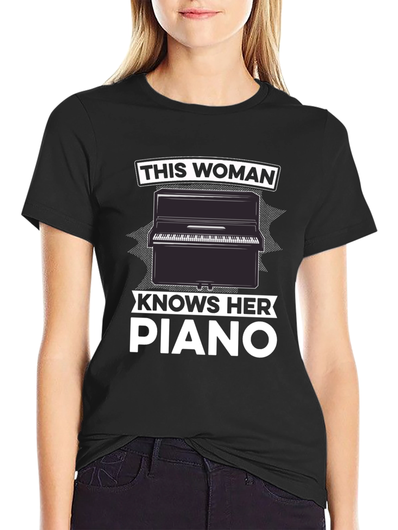 Woman Knows Piano Black Graphic T-Shirt