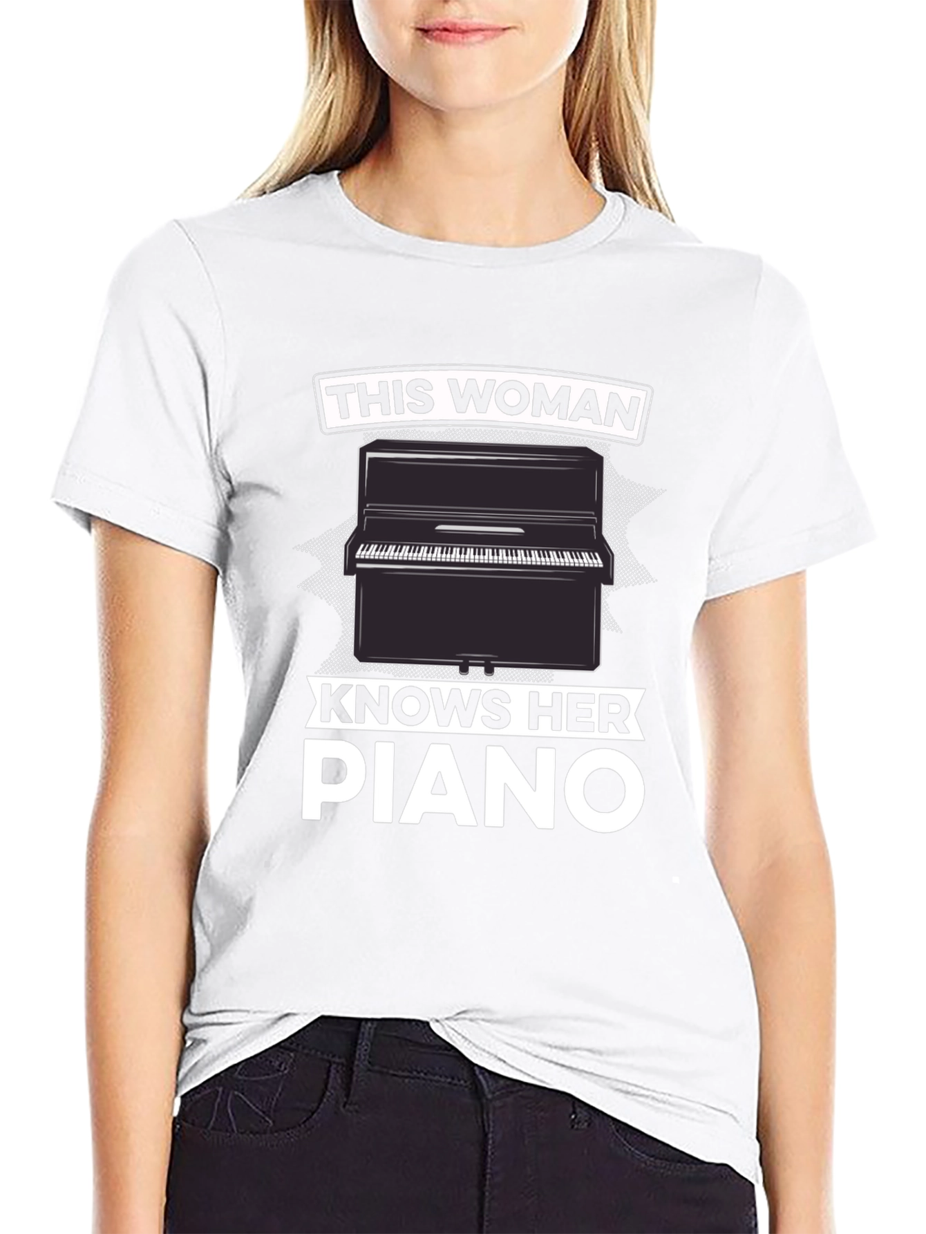 Woman Knows Piano Black Graphic T-Shirt