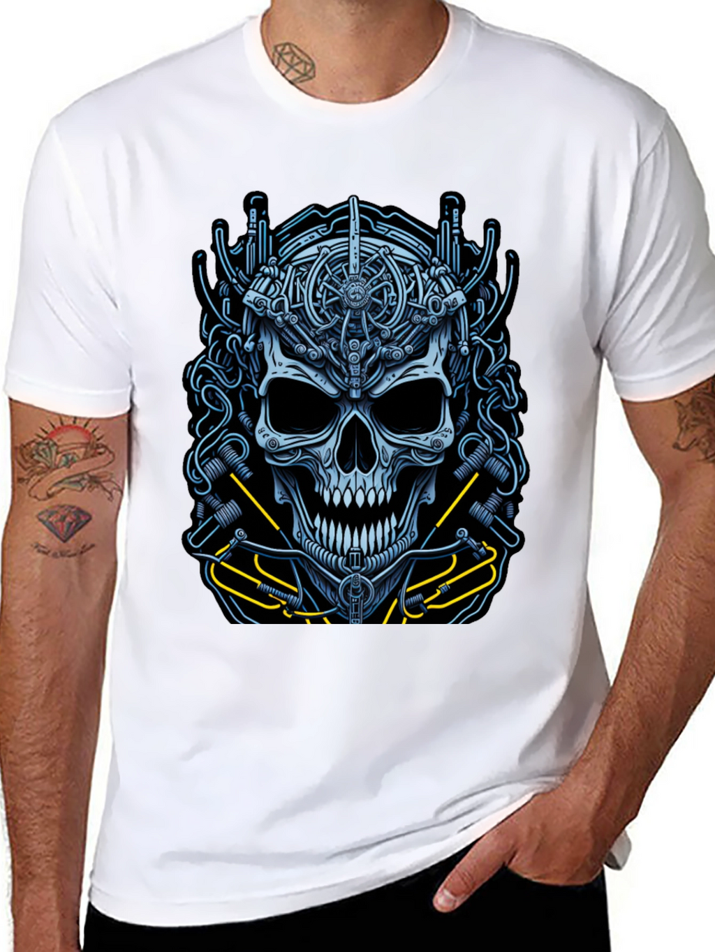 Mechanical Skull Graphic Tee - Cyberpunk Style Shirt