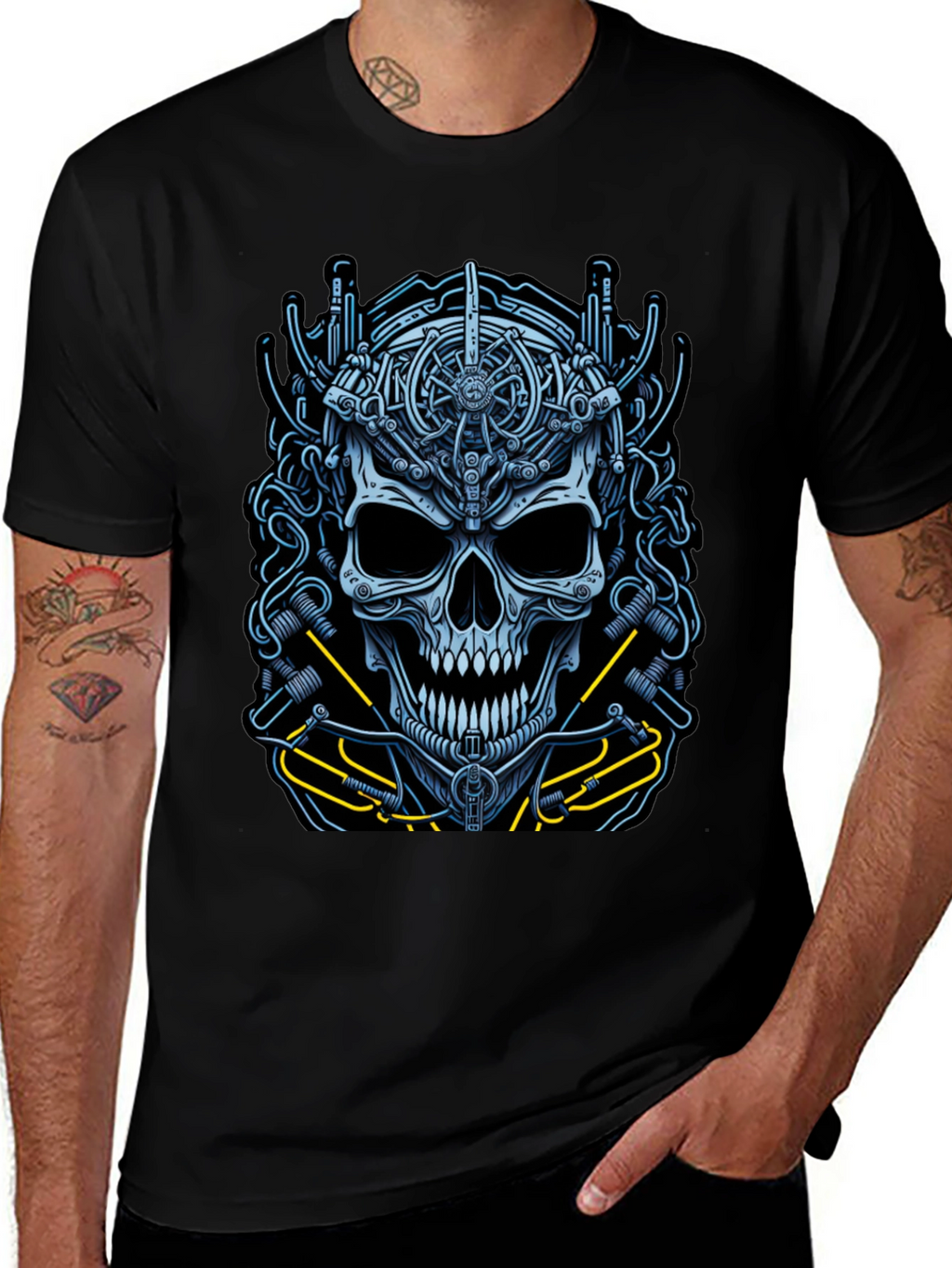Mechanical Skull Graphic Tee - Cyberpunk Style Shirt