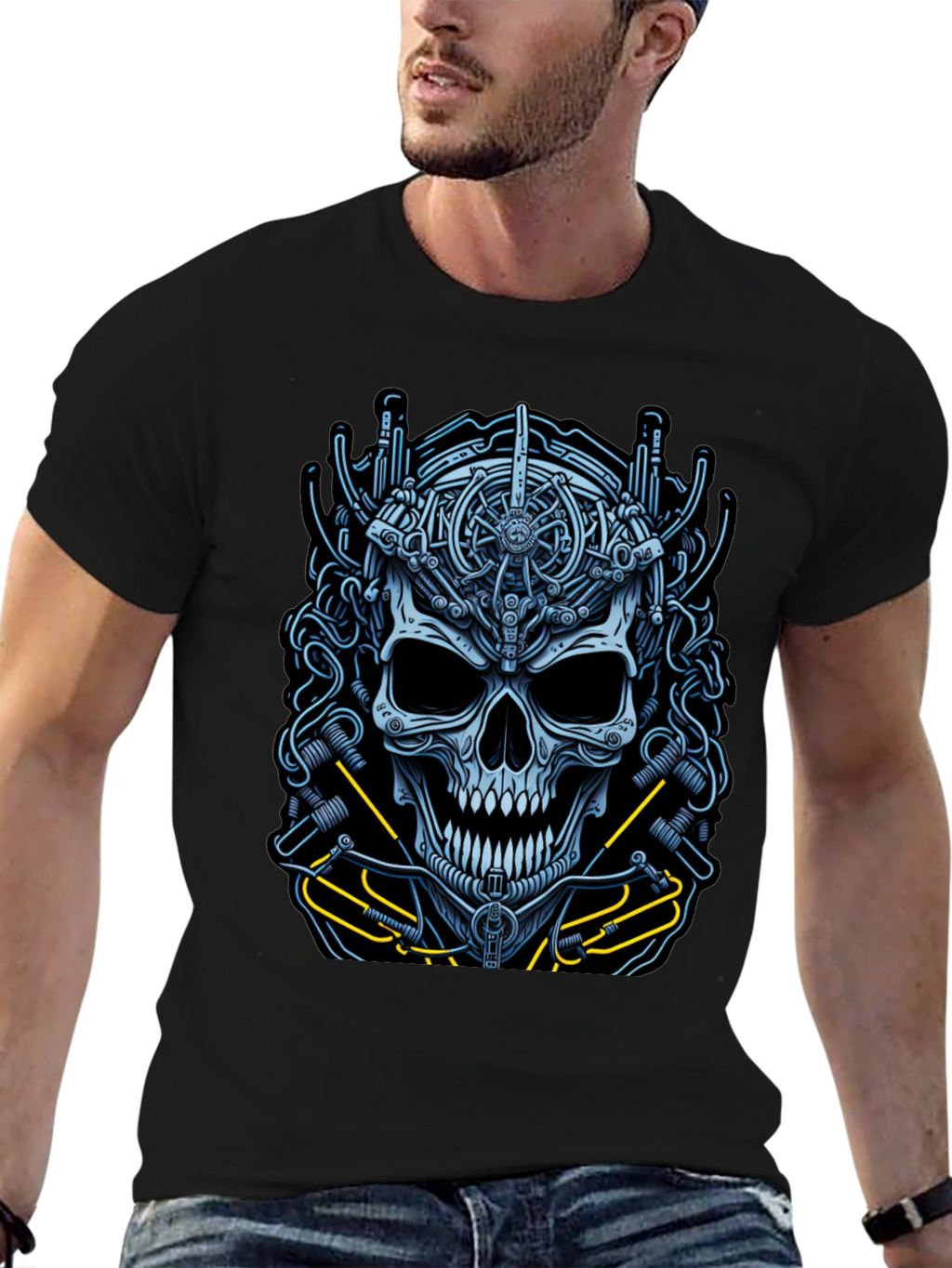 Mechanical Skull Graphic Tee - Cyberpunk Style Shirt