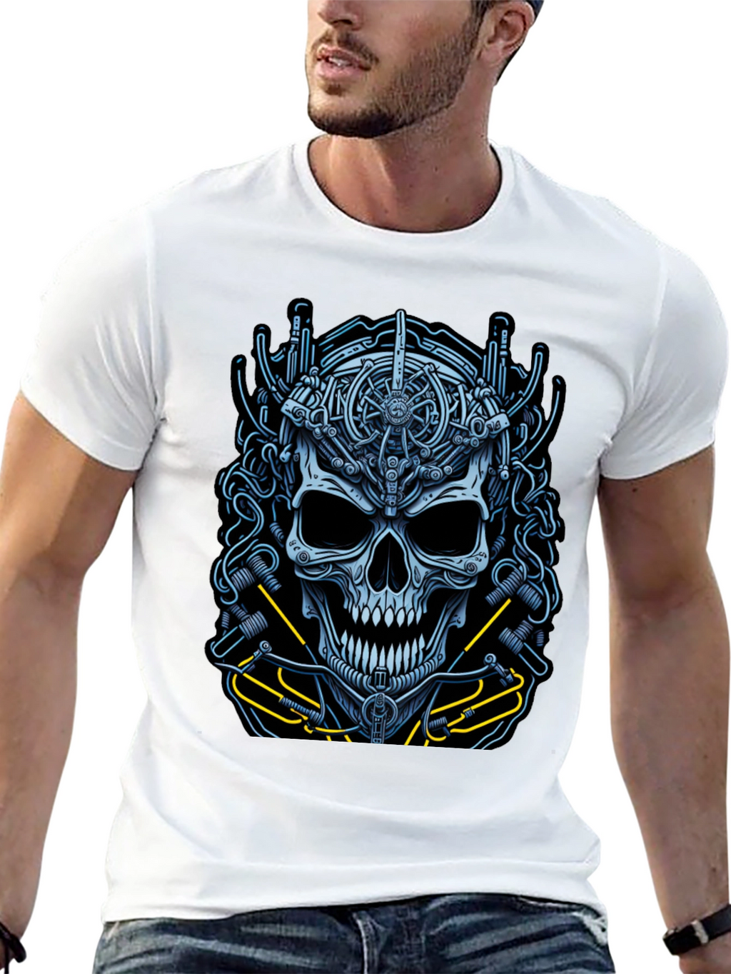 Mechanical Skull Graphic Tee - Cyberpunk Style Shirt