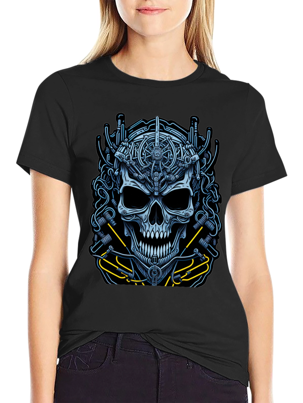 Mechanical Skull Graphic Tee - Cyberpunk Style Shirt