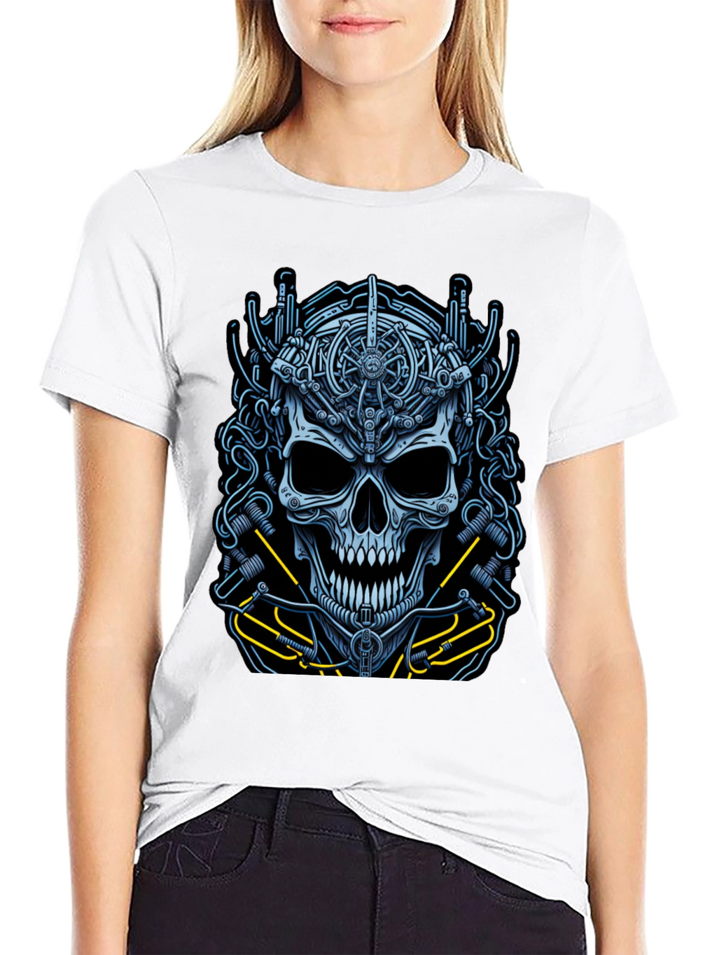 Mechanical Skull Graphic Tee - Cyberpunk Style Shirt