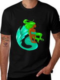 Mermaid Graphic Tee - Black Cotton Blend T-Shirt