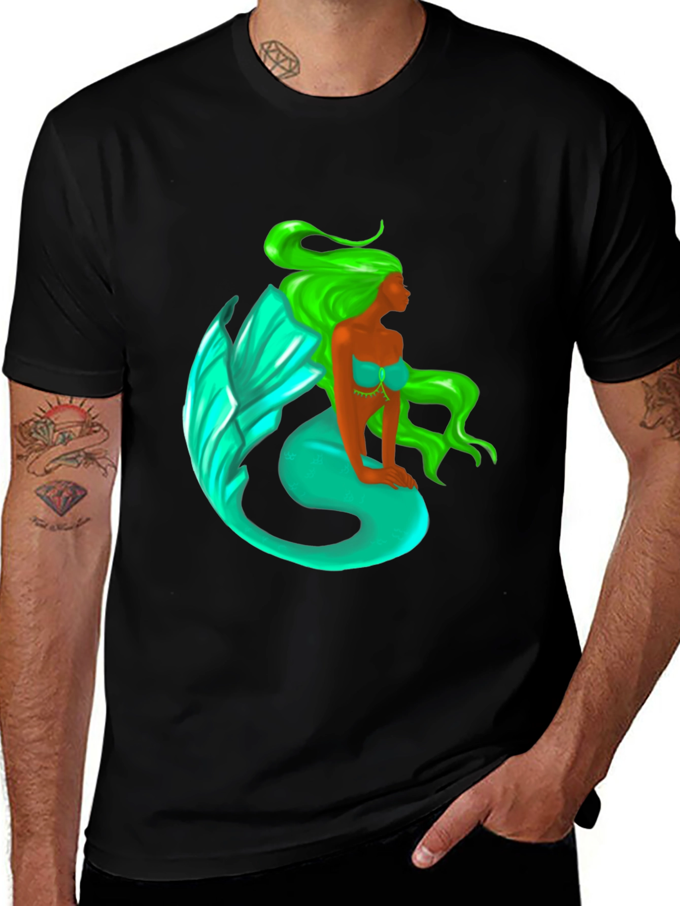 Mermaid Graphic Tee - Black Cotton Blend T-Shirt