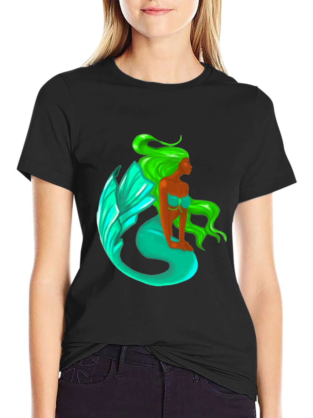 Mermaid Graphic Tee - Black Cotton Blend T-Shirt