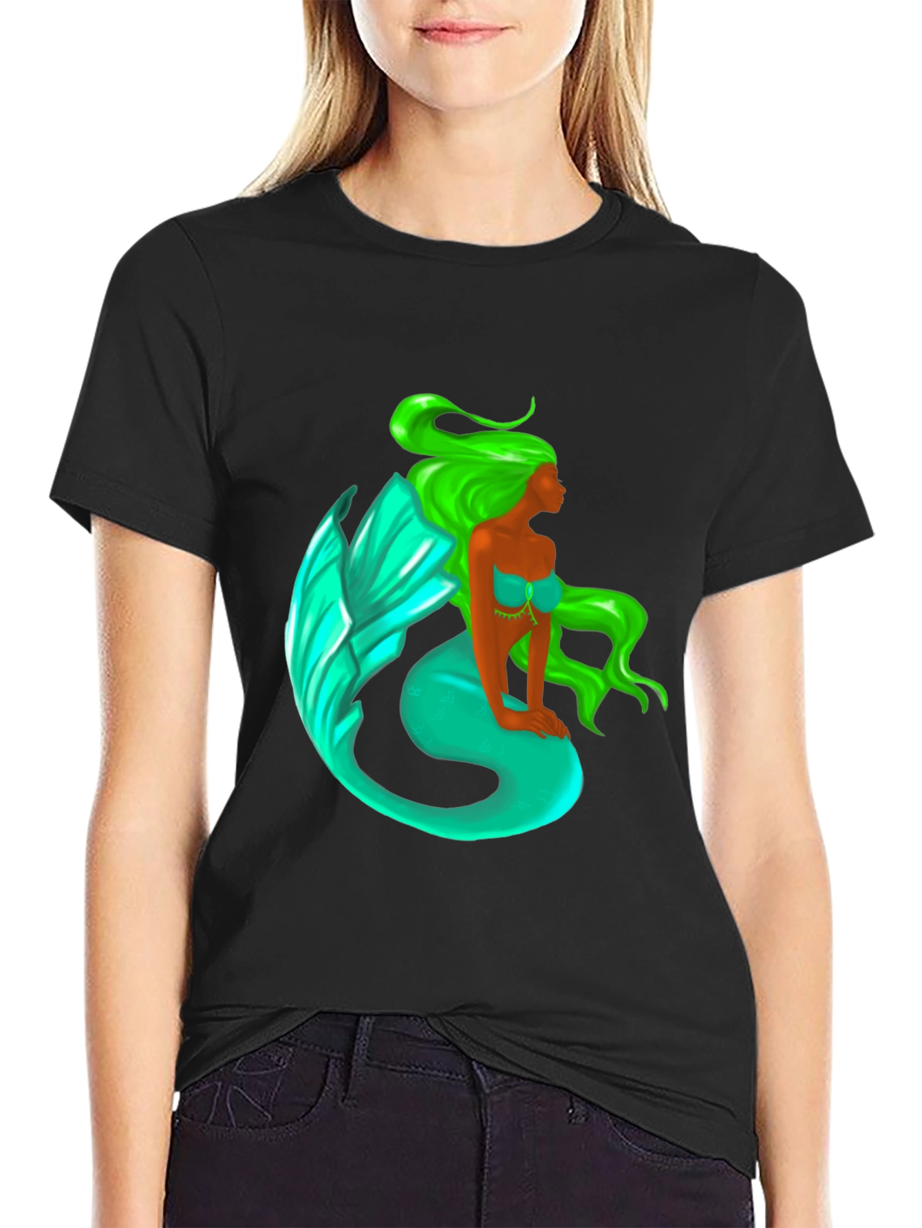 Mermaid Graphic Tee - Black Cotton Blend T-Shirt
