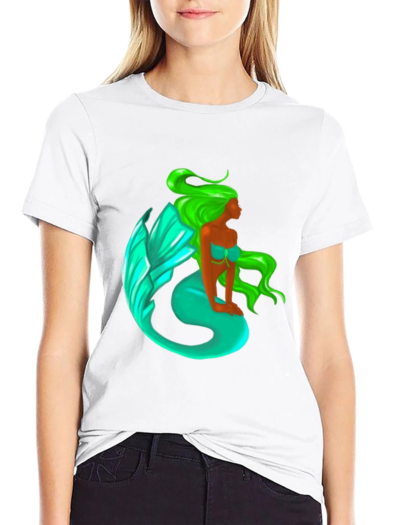 Mermaid Graphic Tee - Black Cotton Blend T-Shirt