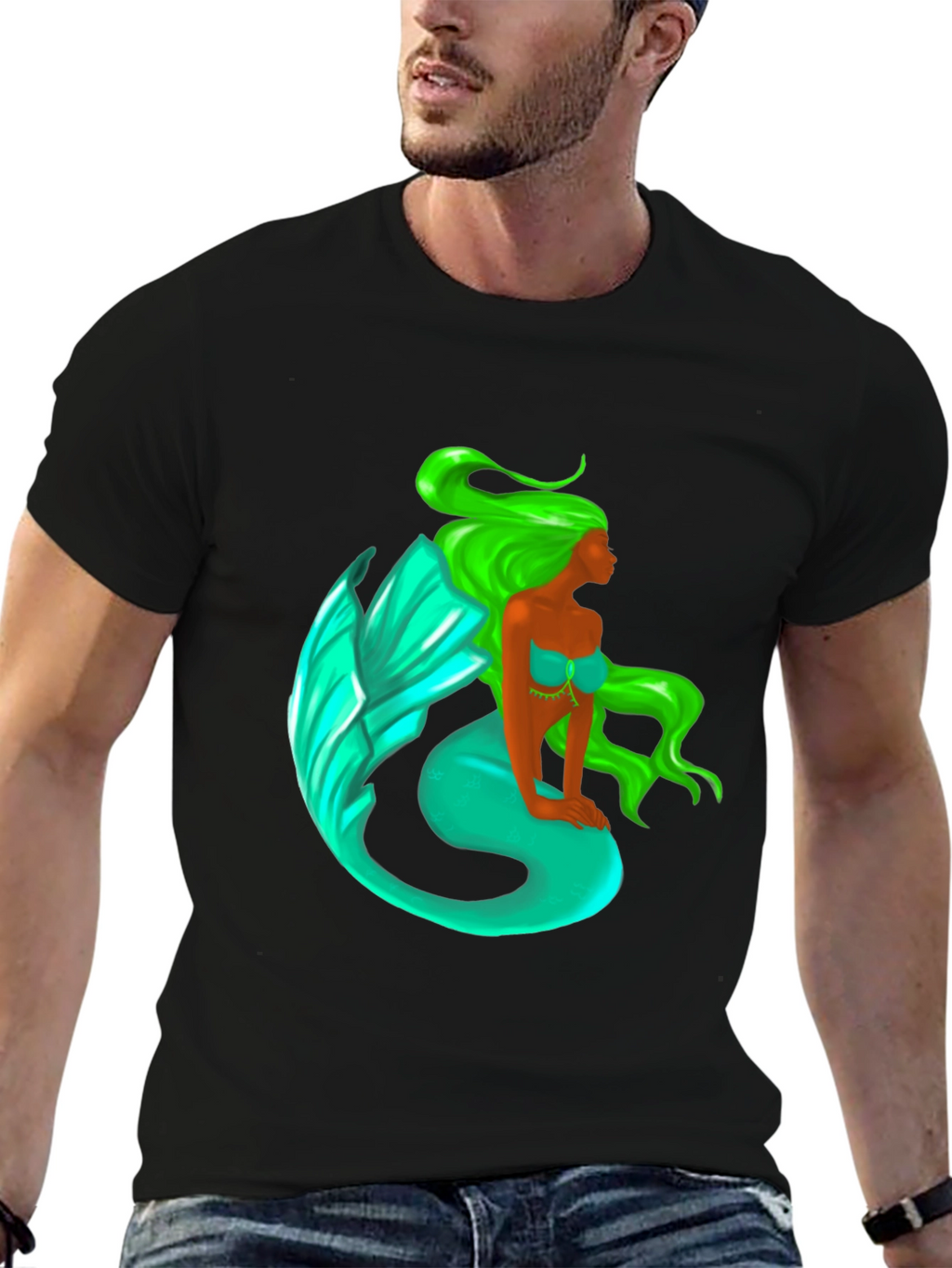 Mermaid Graphic Tee - Black Cotton Blend T-Shirt