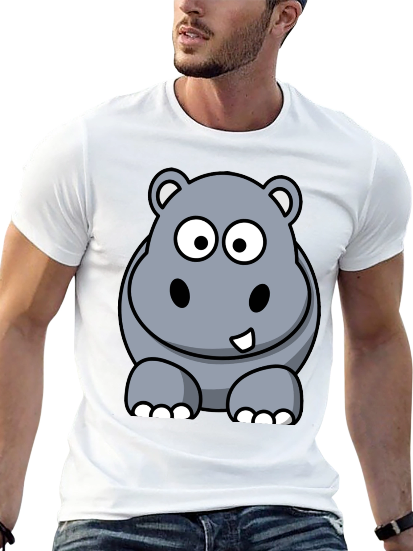 Cartoon Hippo Graphic Tee - Black Cotton T-Shirt