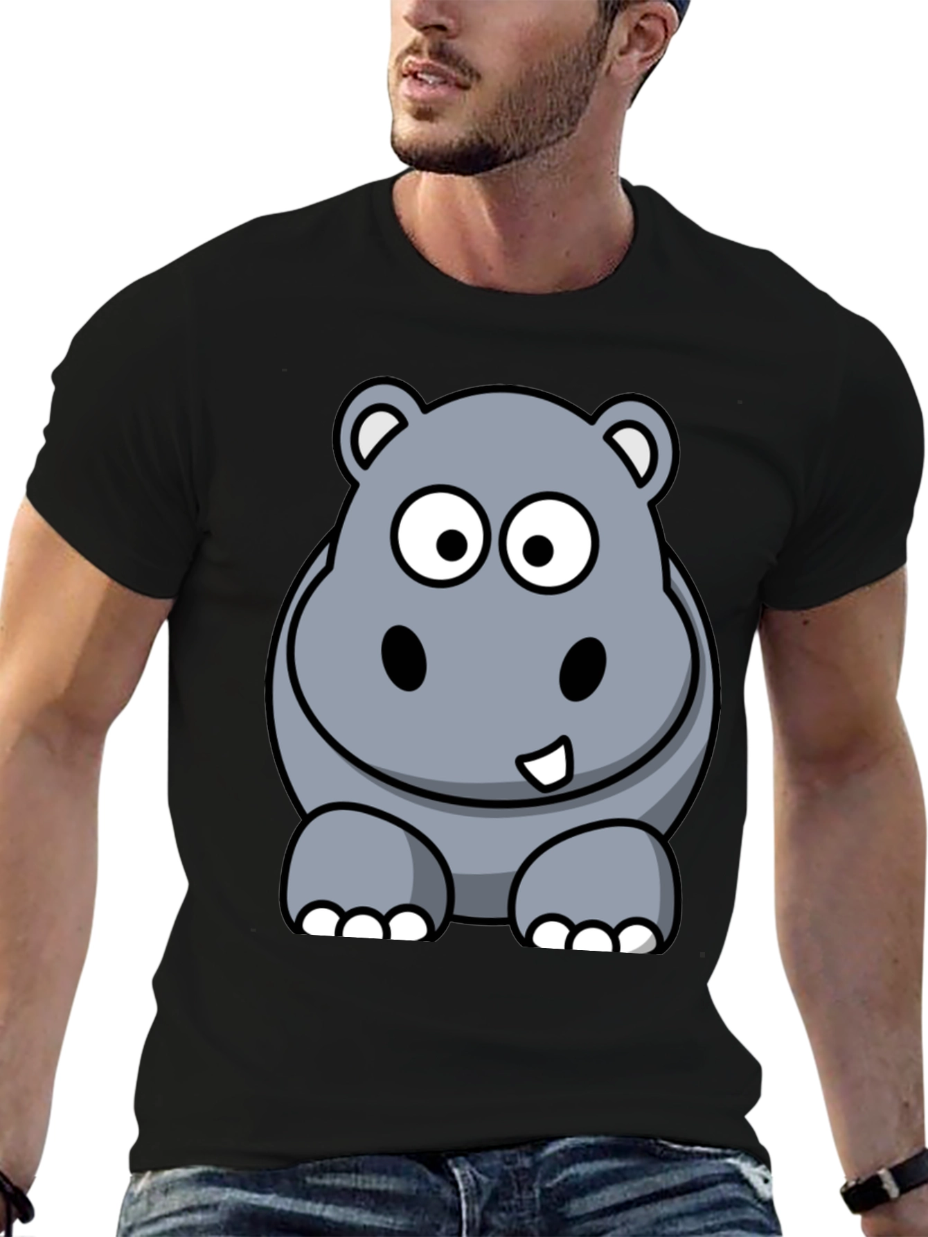Cartoon Hippo Graphic Tee - Black Cotton T-Shirt