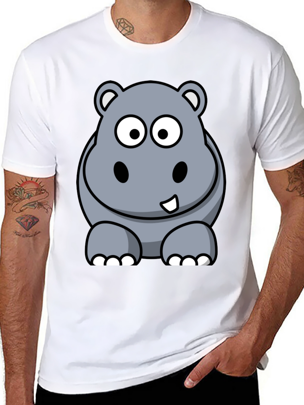 Cartoon Hippo Graphic Tee - Black Cotton T-Shirt