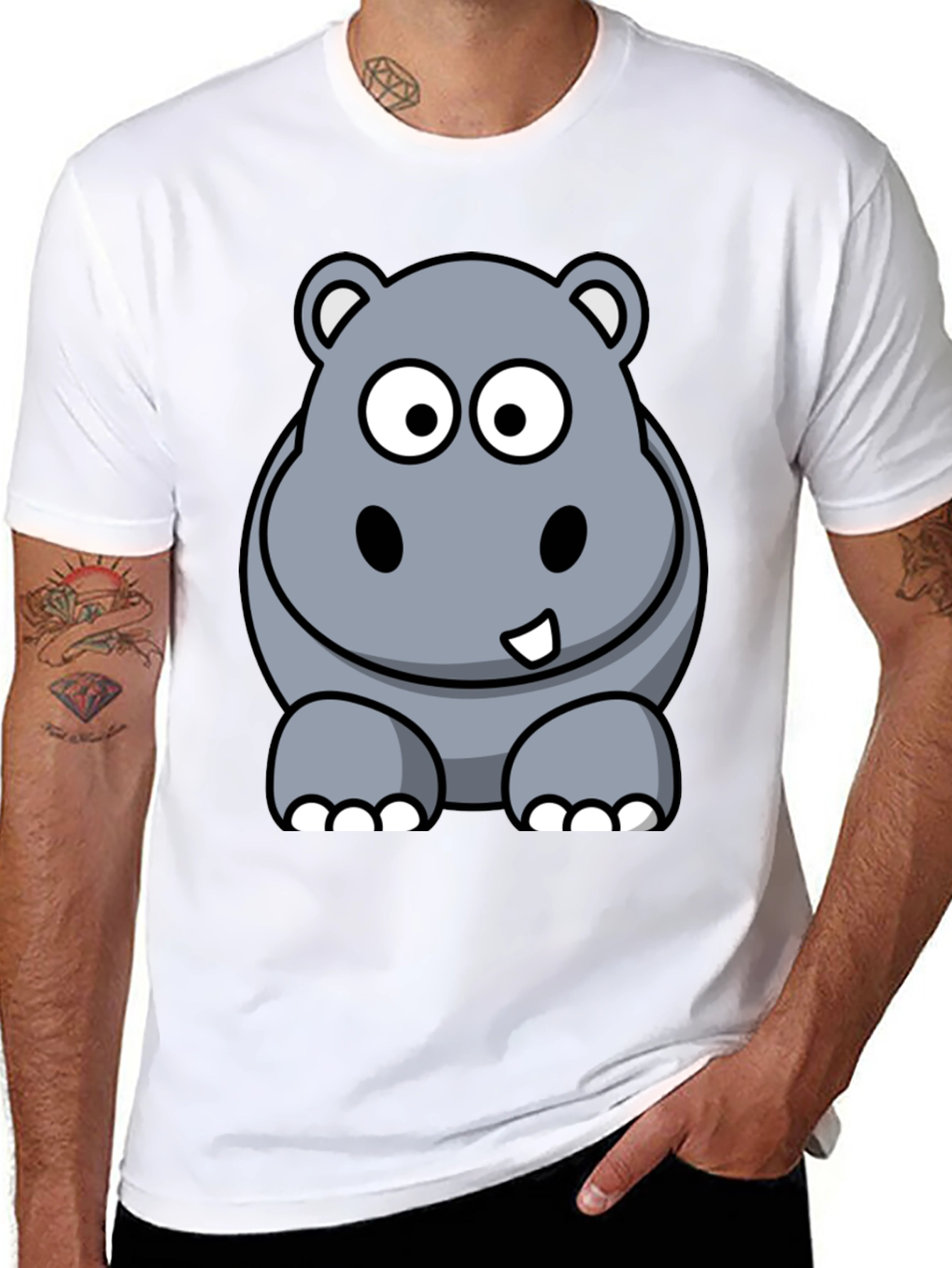 Cartoon Hippo Graphic Tee - Black Cotton T-Shirt