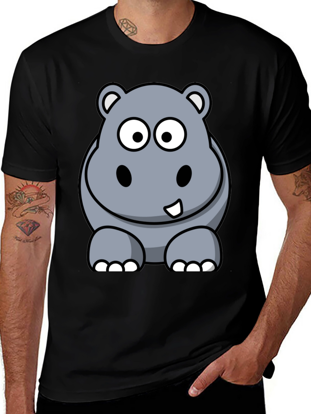 Cartoon Hippo Graphic Tee - Black Cotton T-Shirt