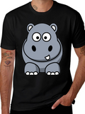 Cartoon Hippo Graphic Tee - Black Cotton T-Shirt