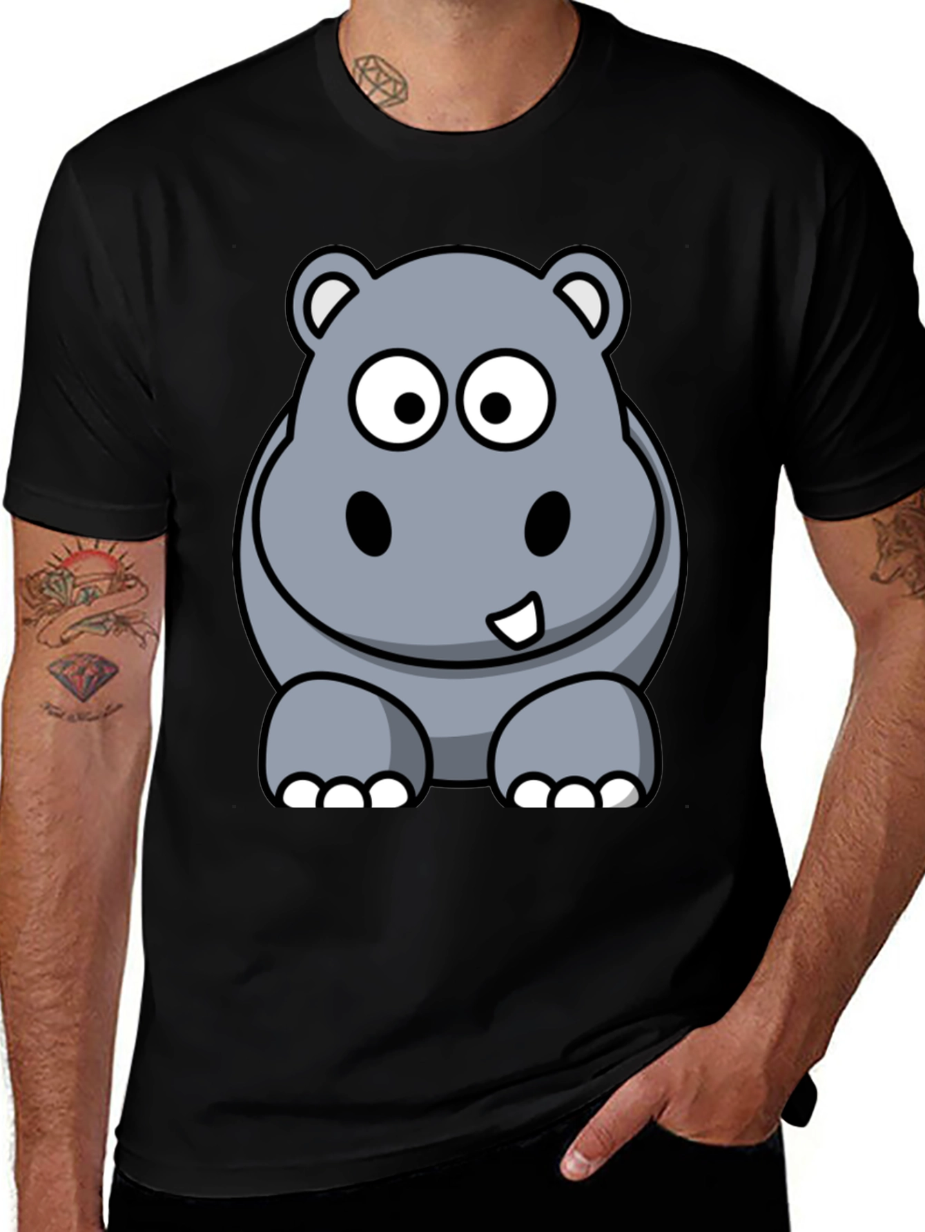 Cartoon Hippo Graphic Tee - Black Cotton T-Shirt