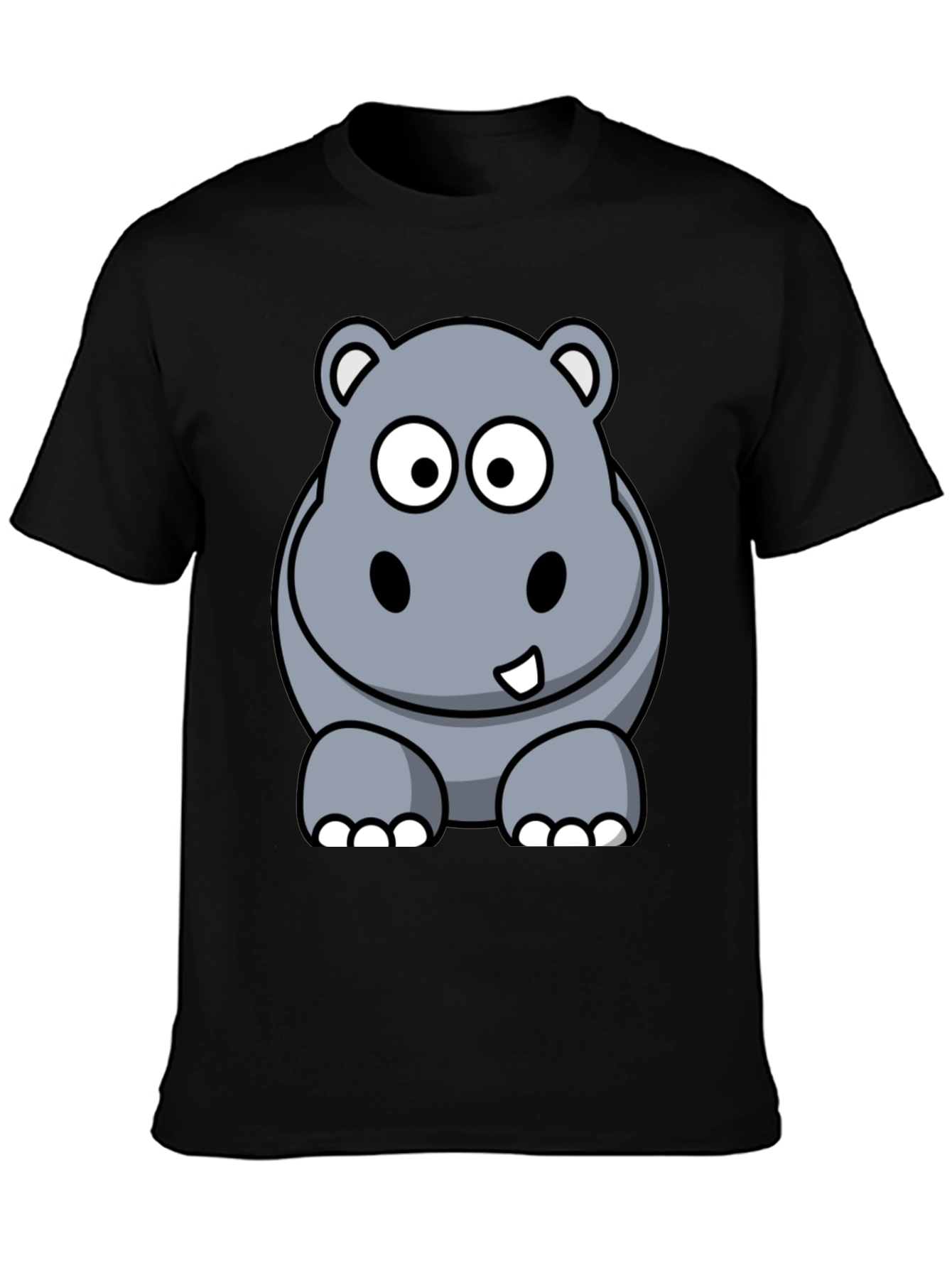 Cartoon Hippo Graphic Tee - Black Cotton T-Shirt