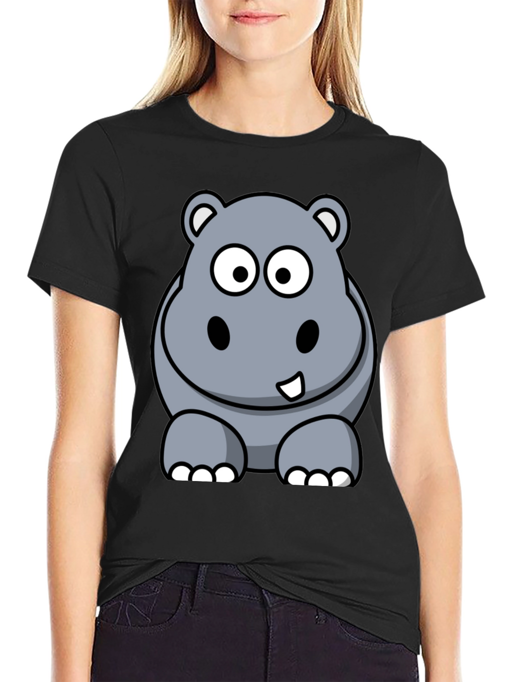 Cartoon Hippo Graphic Tee - Black Cotton T-Shirt