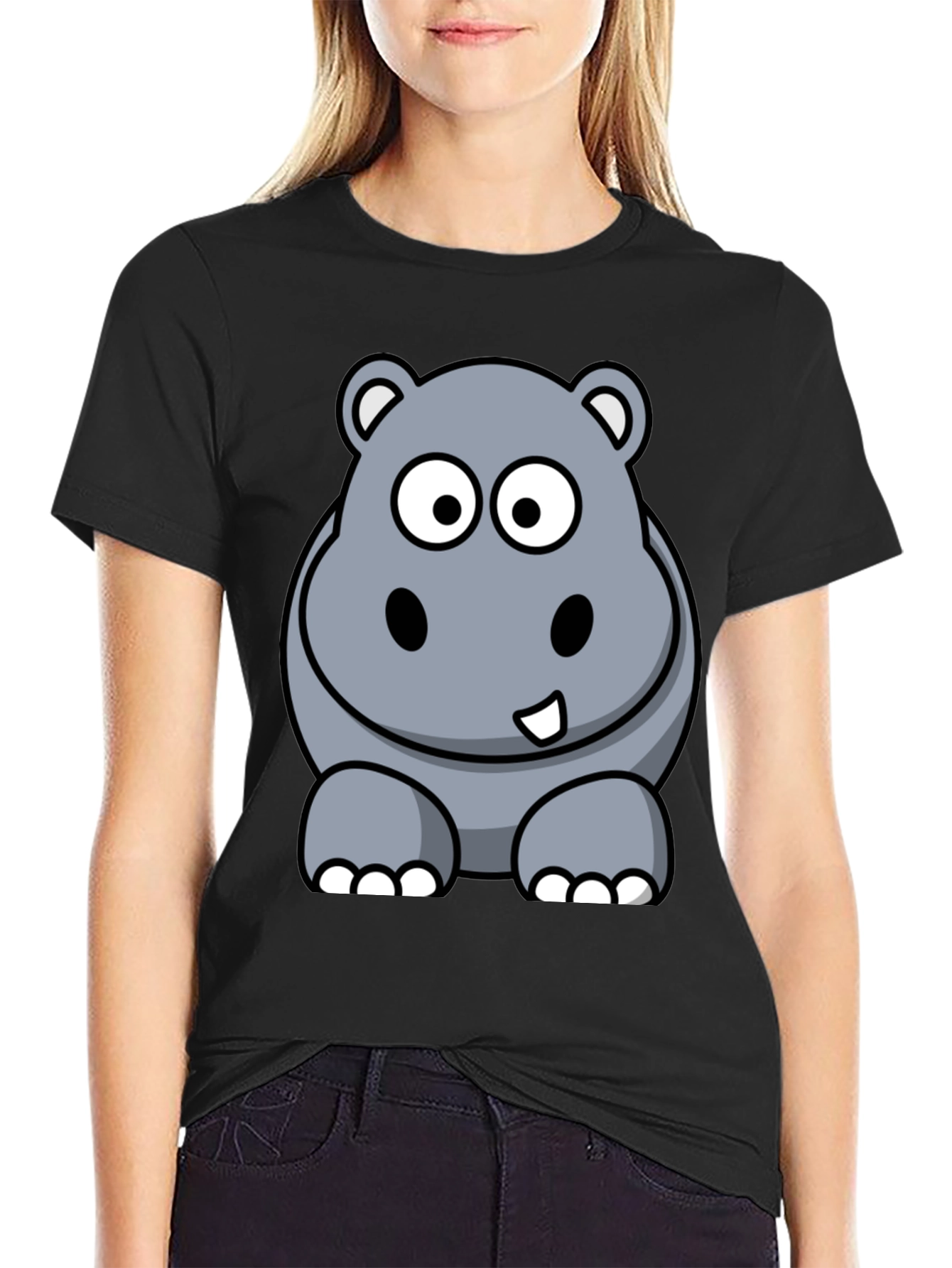 Cartoon Hippo Graphic Tee - Black Cotton T-Shirt