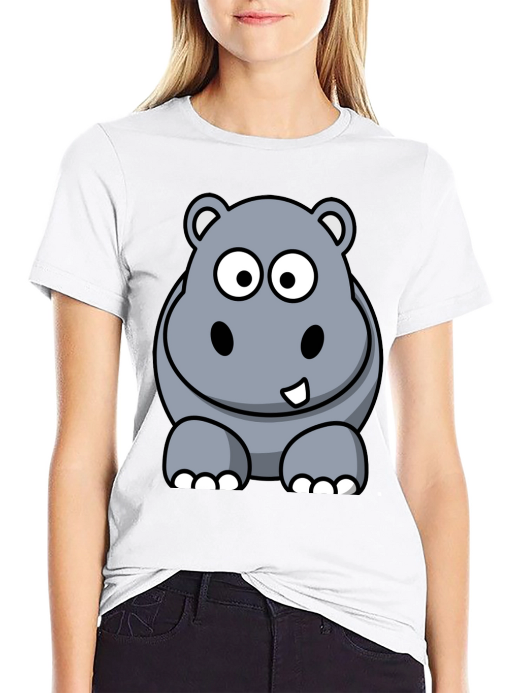 Cartoon Hippo Graphic Tee - Black Cotton T-Shirt