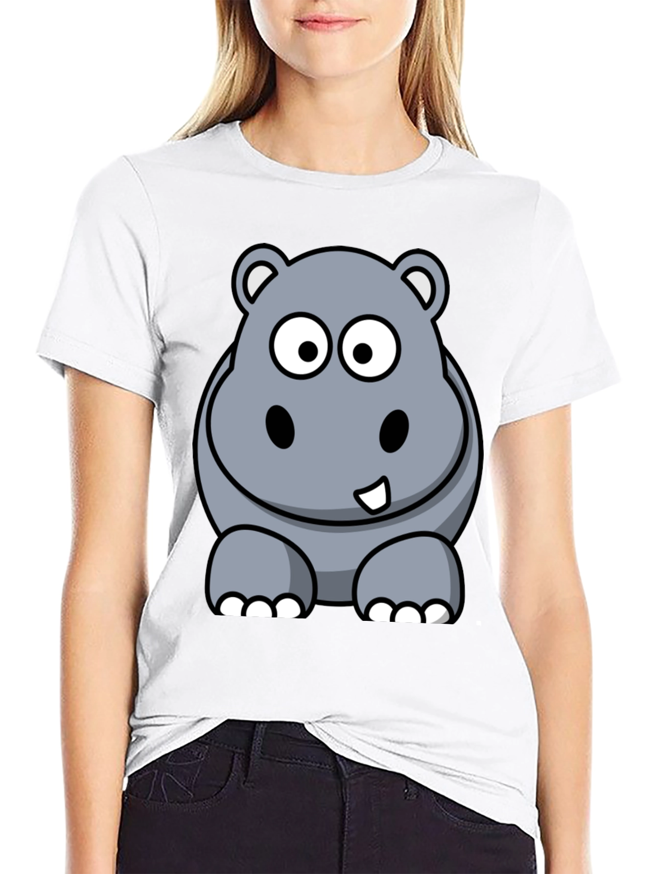 Cartoon Hippo Graphic Tee - Black Cotton T-Shirt