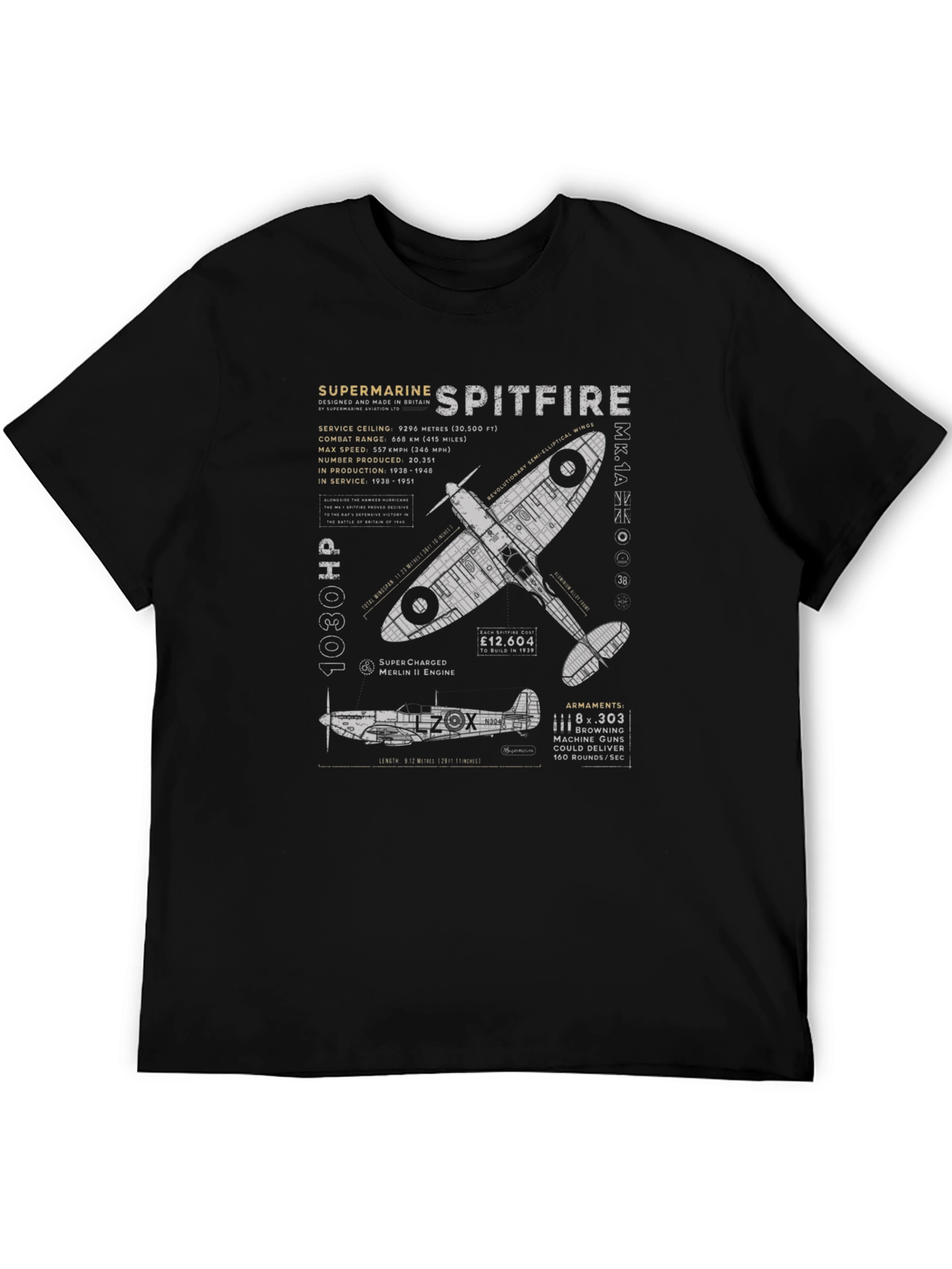 Spitfire Blueprint Graphic Tee - Aviation History T-Shirt