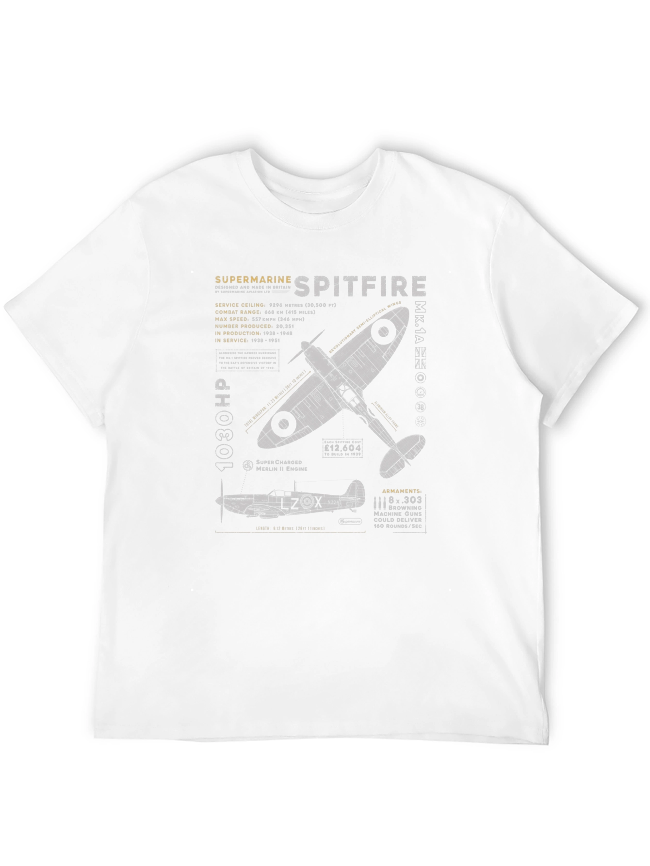 Spitfire Blueprint Graphic Tee - Aviation History T-Shirt