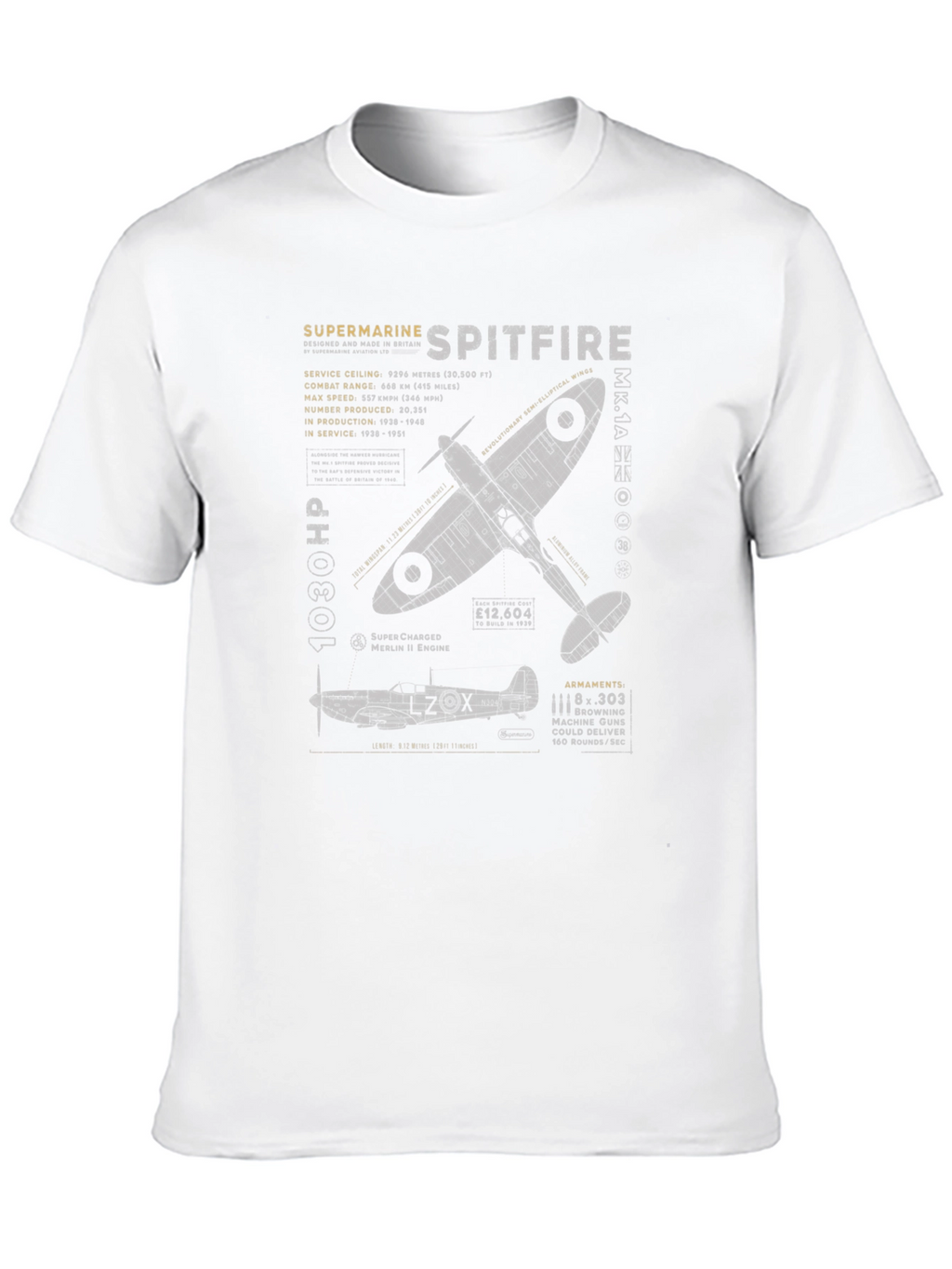 Spitfire Blueprint Graphic Tee - Aviation History T-Shirt