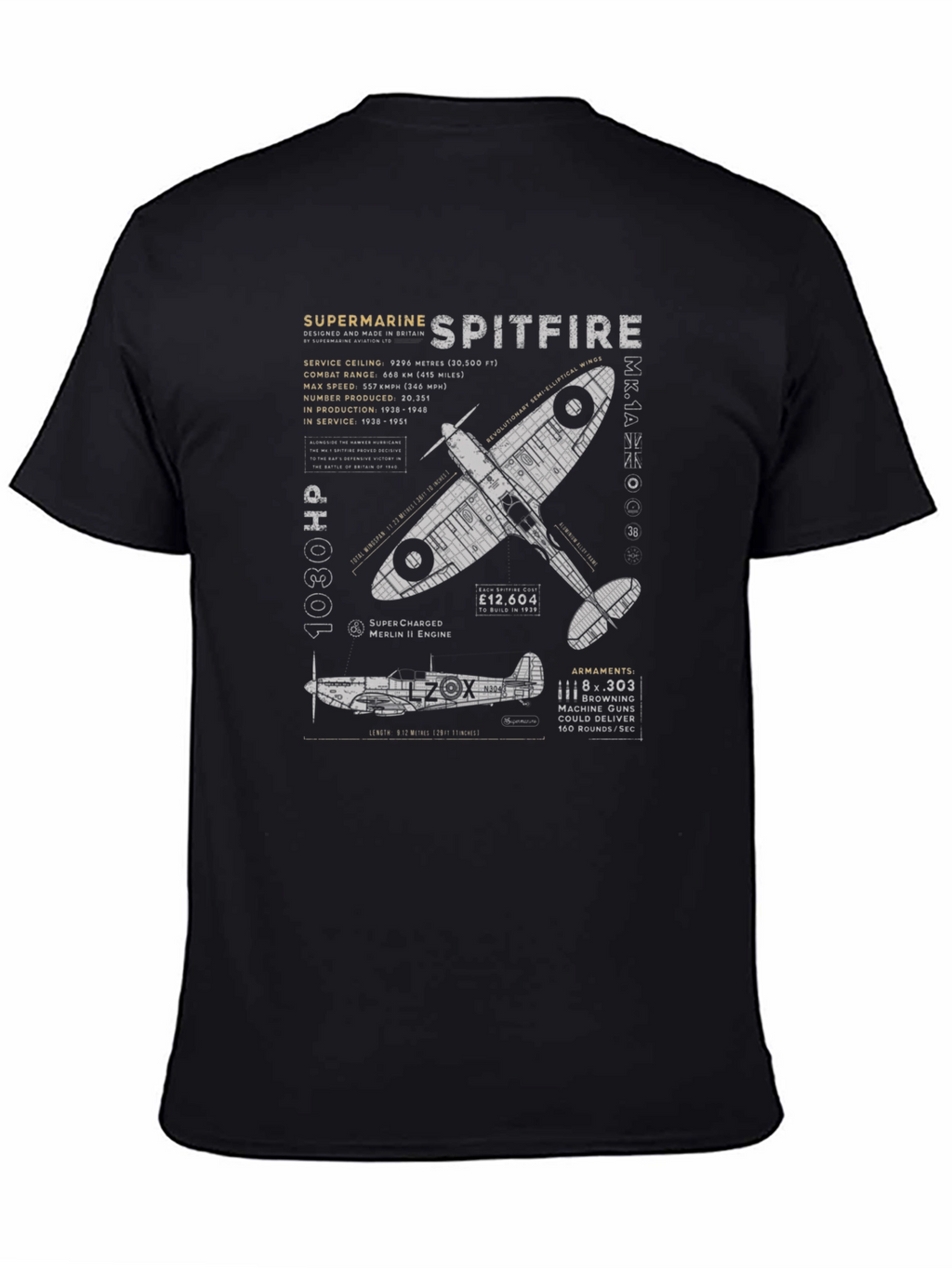 Spitfire Blueprint Graphic Tee - Aviation History T-Shirt