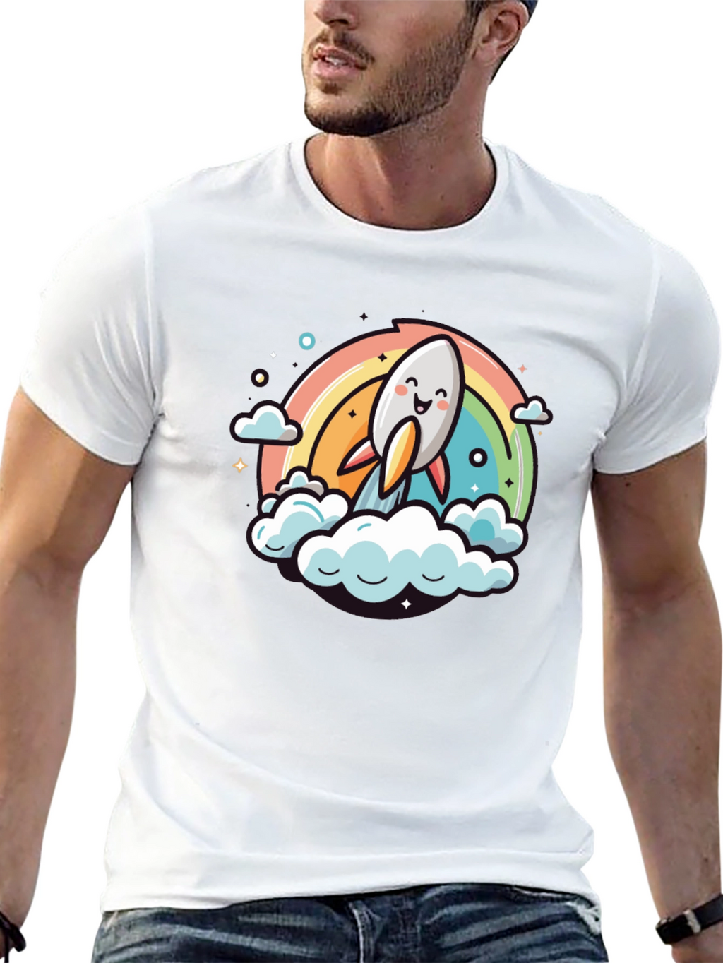 Cute Cartoon Rocket Rainbow T-Shirt