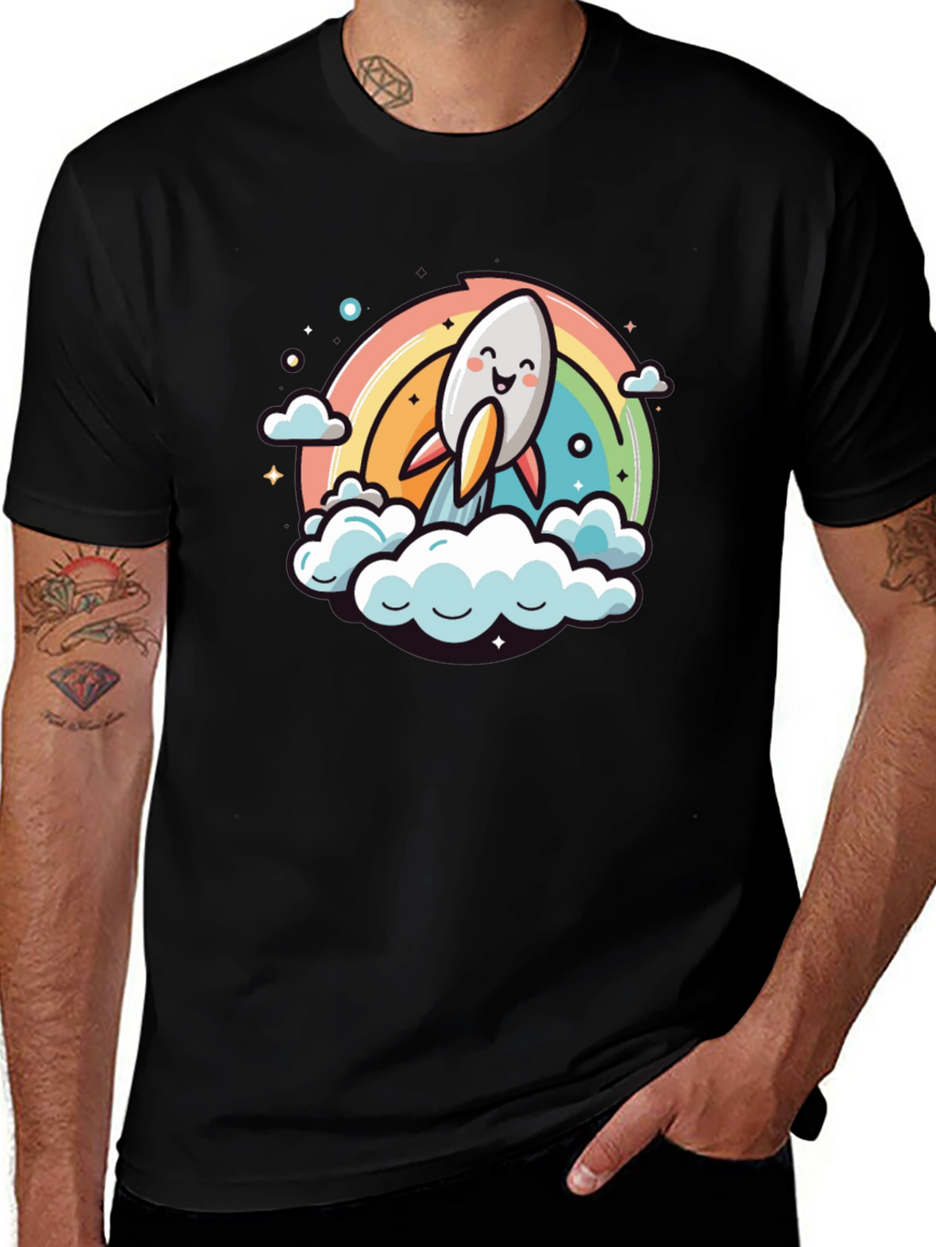 Cute Cartoon Rocket Rainbow T-Shirt
