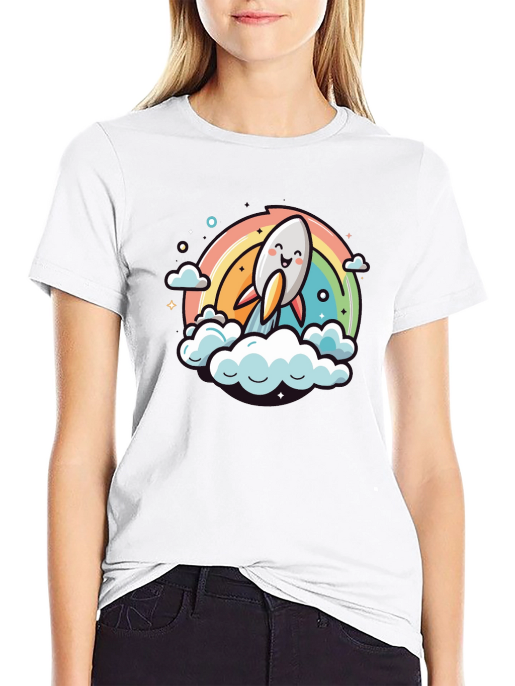 Cute Cartoon Rocket Rainbow T-Shirt
