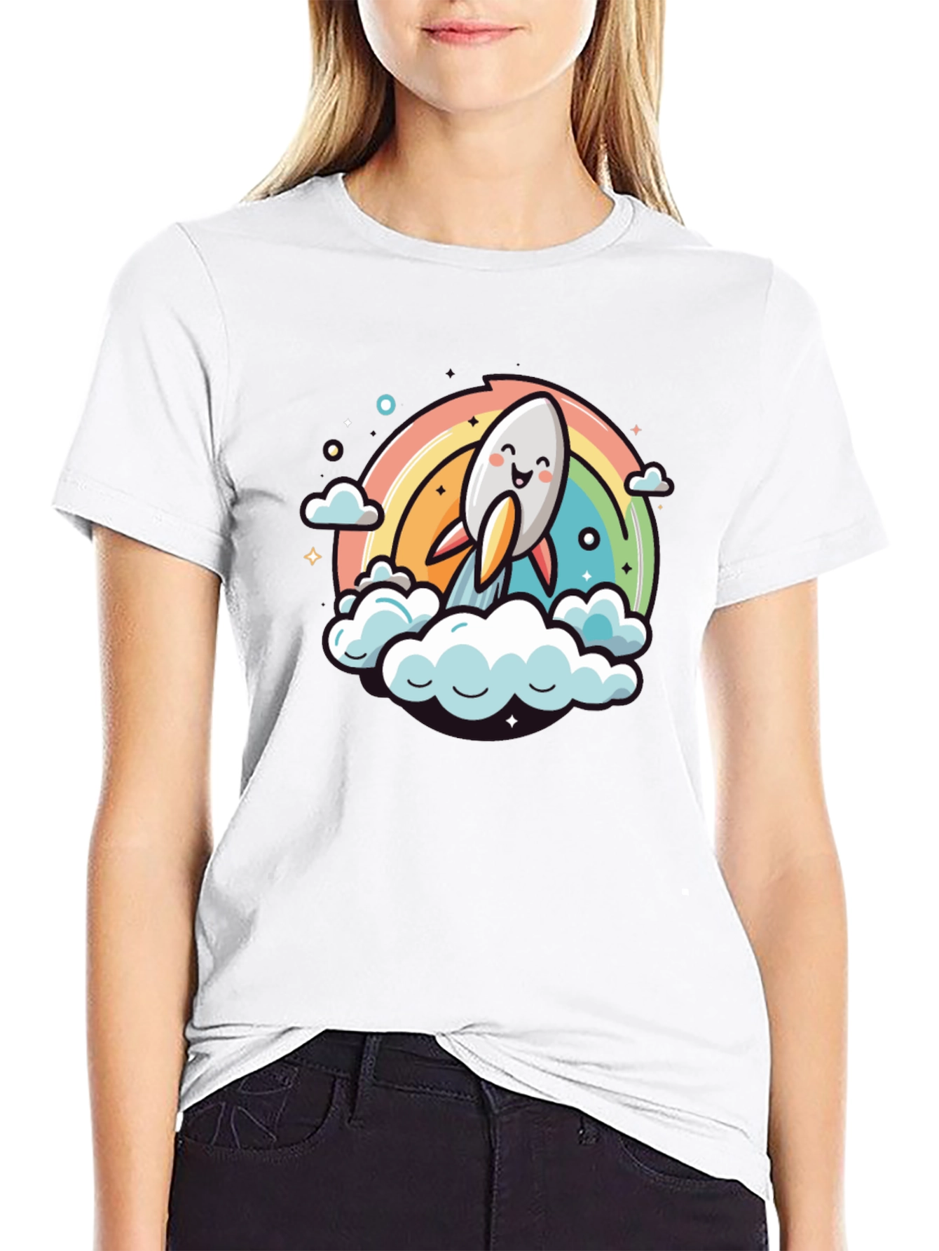 Cute Cartoon Rocket Rainbow T-Shirt