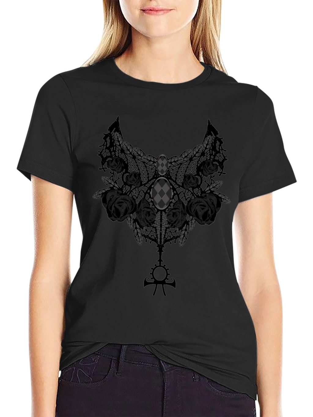 Gothic Lace Rose Graphic Tee - Dark Elegance