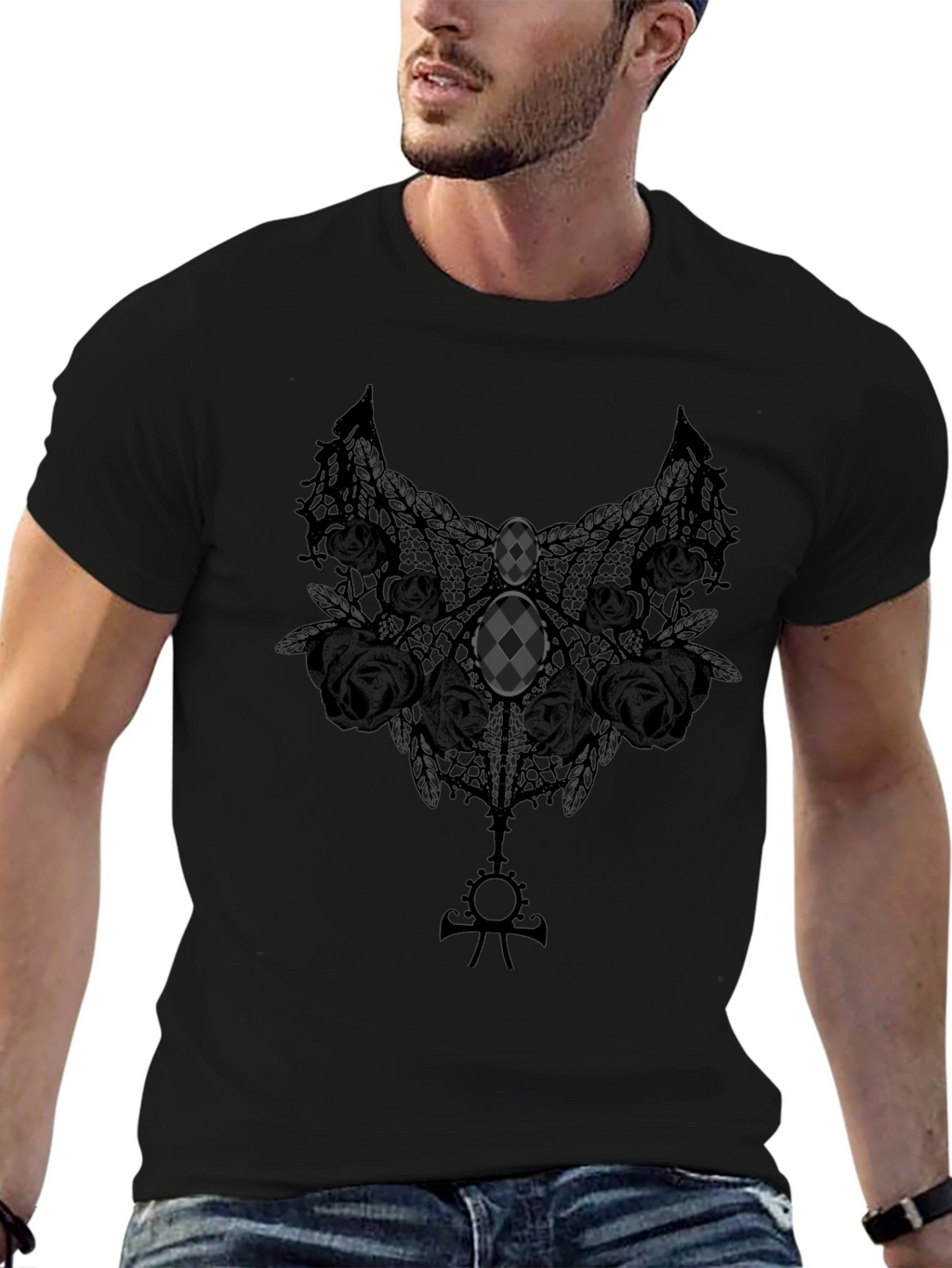 Gothic Lace Rose Graphic Tee - Dark Elegance